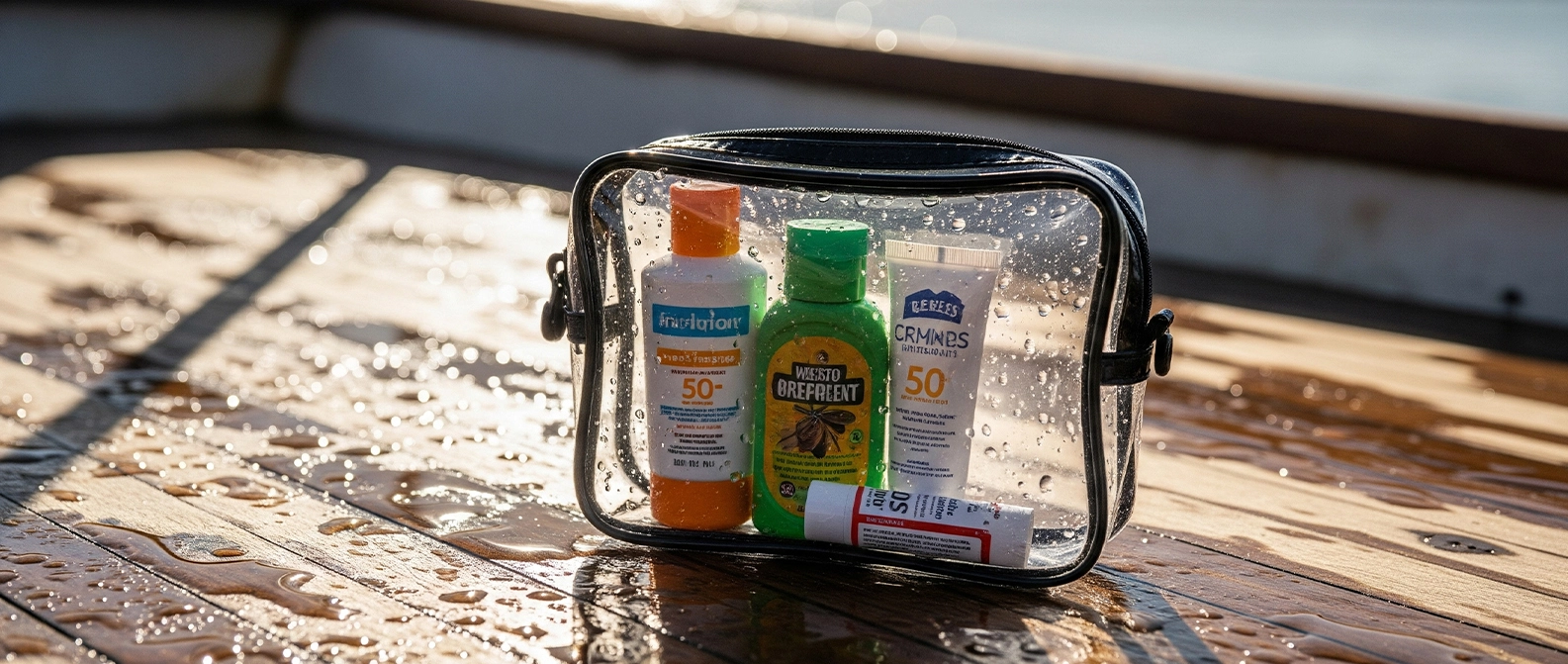 Waterproof bag with liveaboard packing checklist Komodo toiletries, including sunscreen and insect repellent
